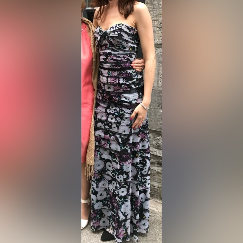 BCBG Floral strapless gown
